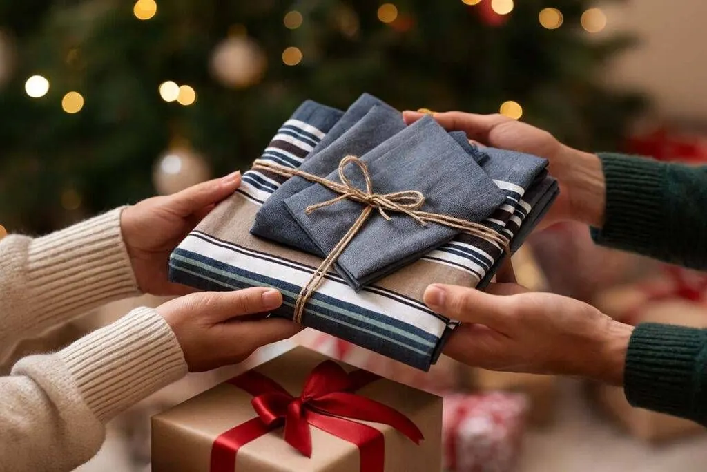 Mani che si scambiano un regalo davanti all'albero di Natale