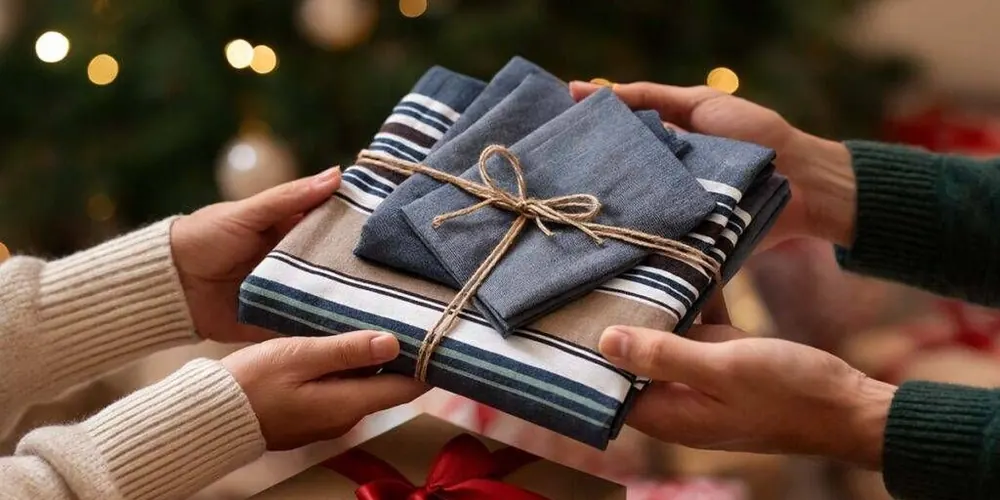 Mani che si scambiano un regalo davanti all'albero di Natale