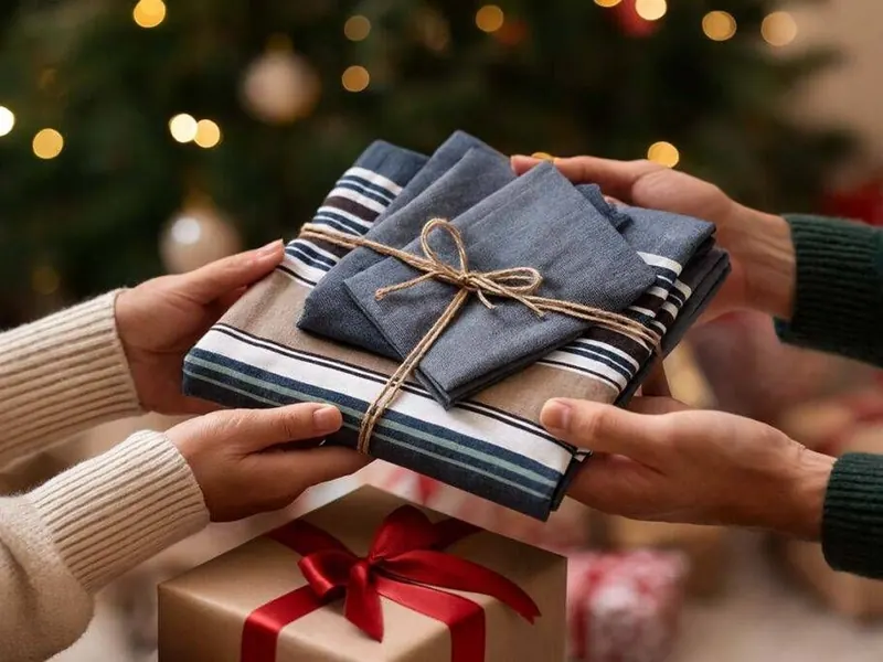 Mani che si scambiano un regalo davanti all'albero di Natale